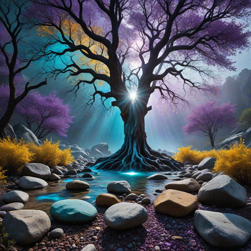 Purple, teal, yellow, blue motif with large tree and rocks.